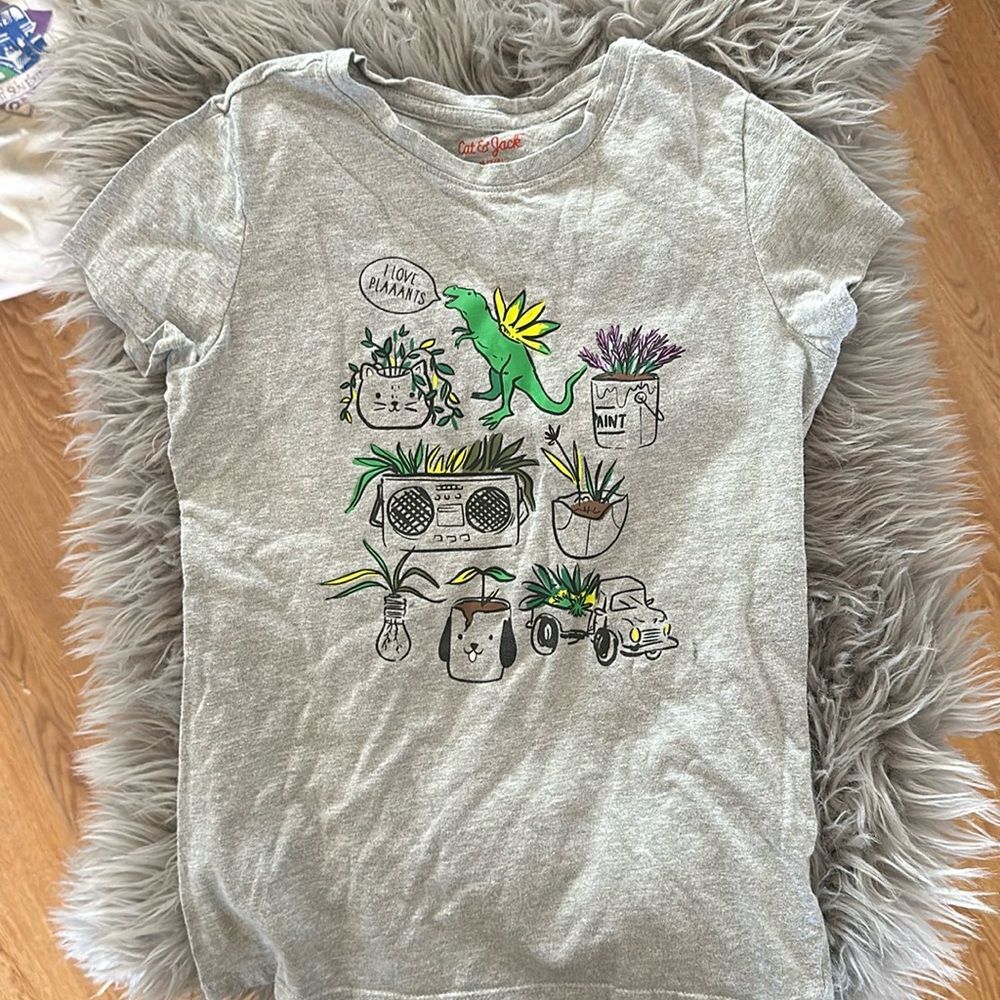 Cat & Jack Cap Sleeve Gray Girl's T-Shirt Dinosaur/Plant Graphic Size M (7/8)